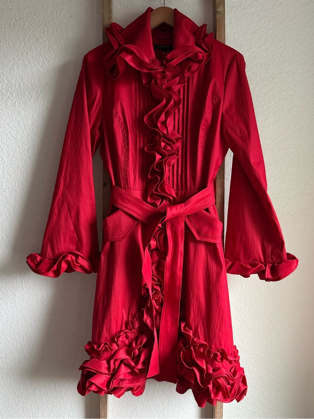 Samuel Dong Red Ruffle Taffeta Trench Coat Dress Jacket Avant-Garde Belted State
